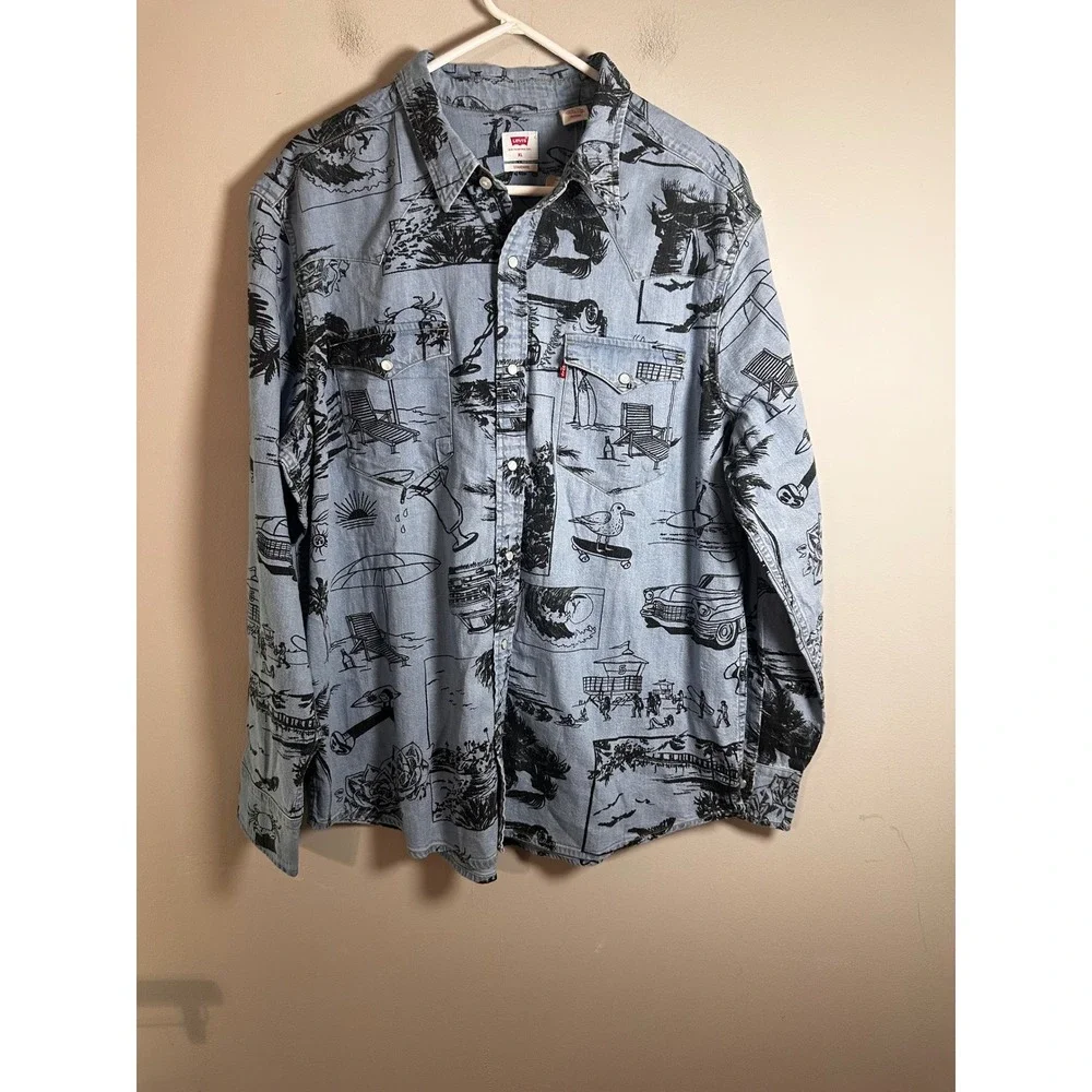 Levis Mens The Western Standard Fit‎ Denim Shirt Blue Beach Surf Print XL NWT
